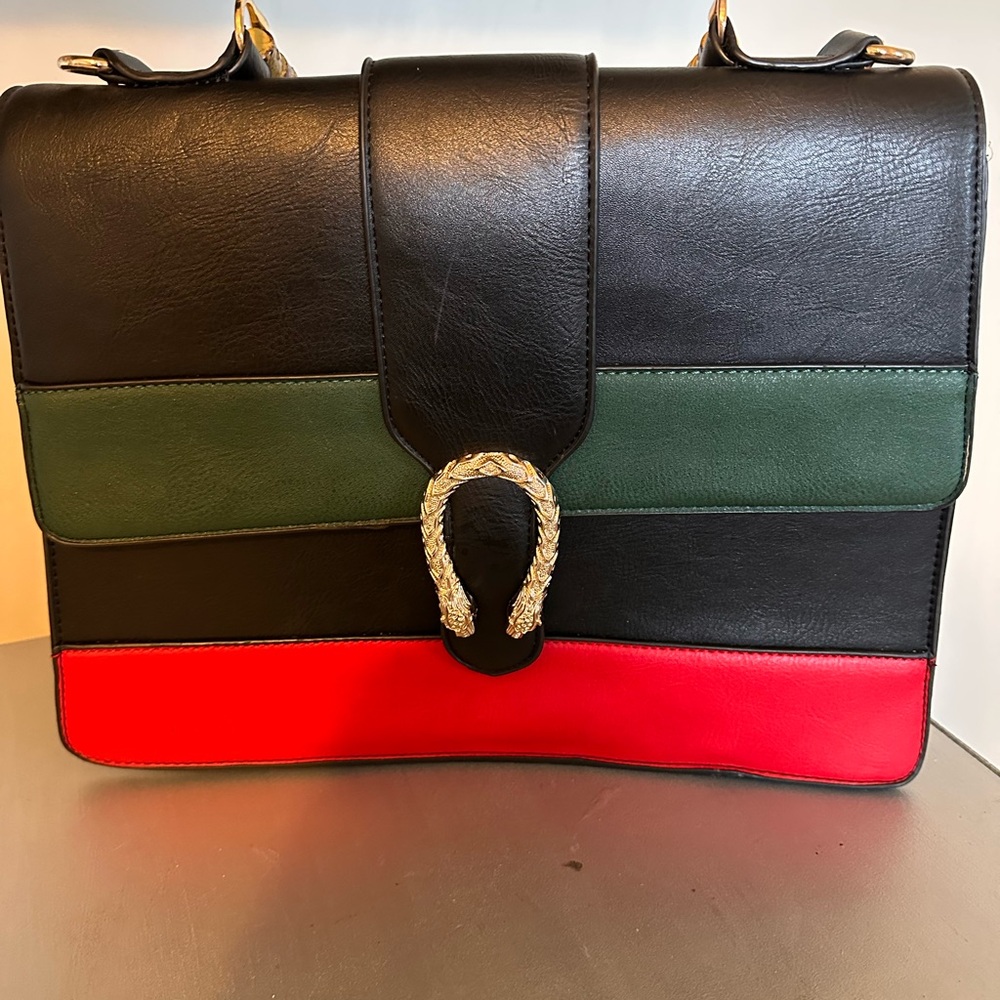 Black, Green, and Red Leather Handbag